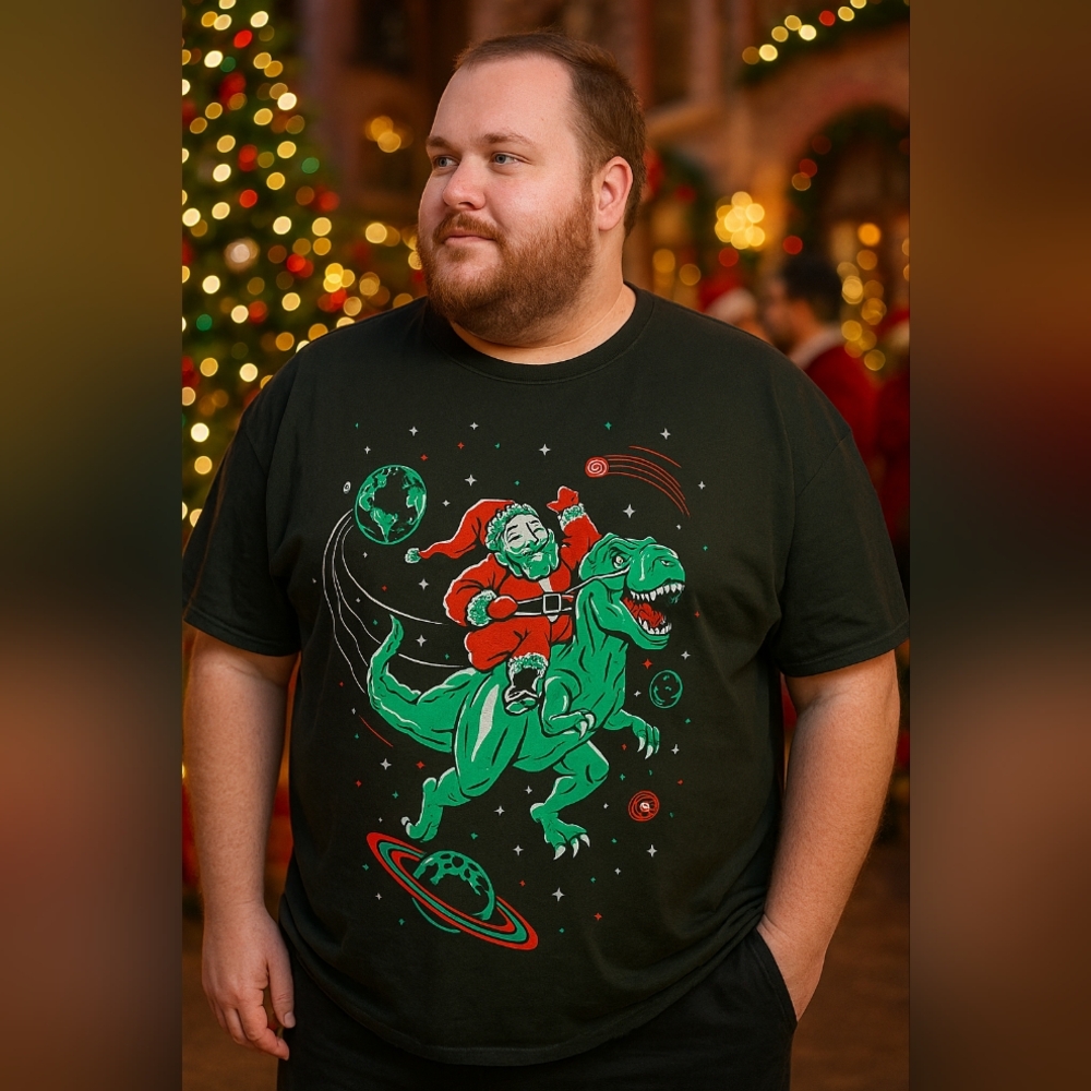 Mad Engine Santa Claus T Rex Dinosaur Men's Short Sleeve Christmas Shirt 2XL